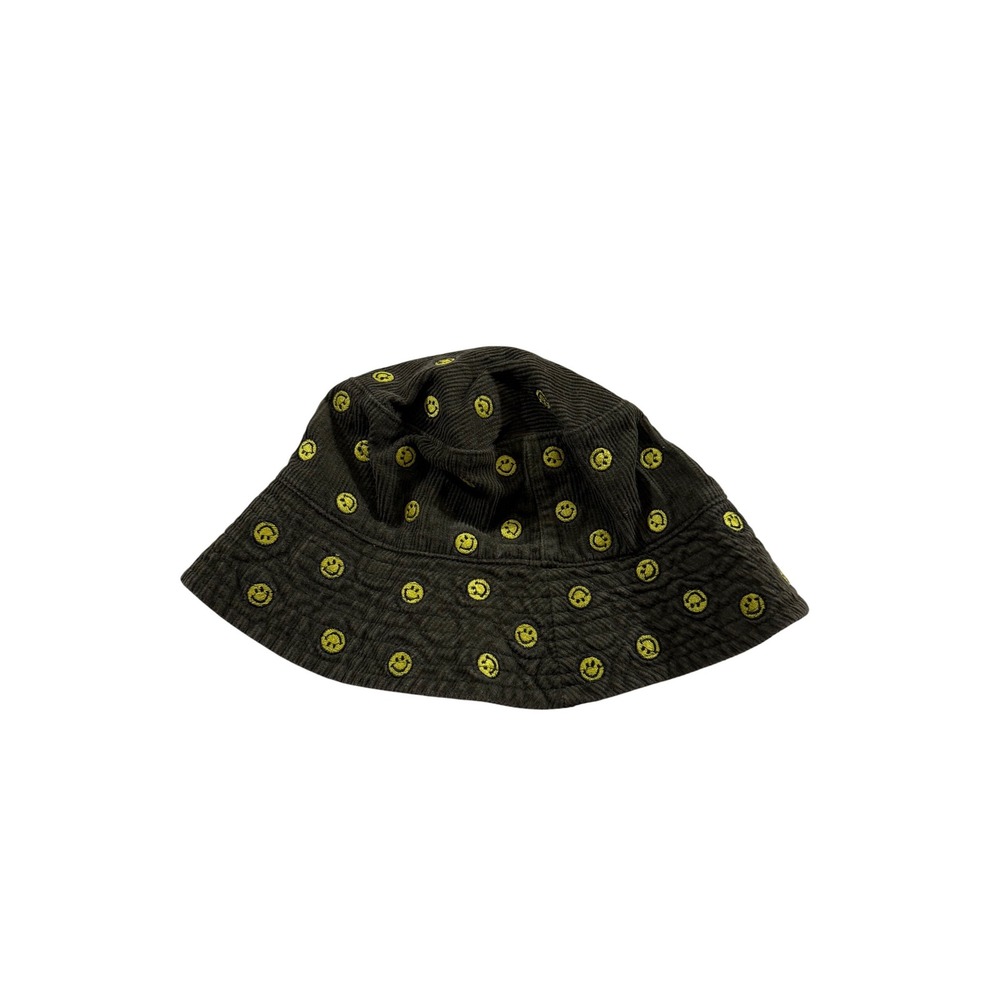 Smiley Face Corduroy Bucket Hat Olive Green Embroidered Retro Summer Skater